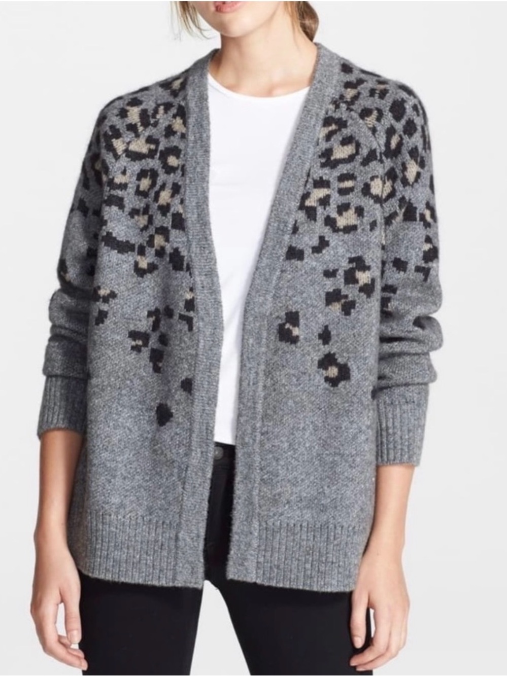 rag & bone Gray Leopard Print Open Cardigan
